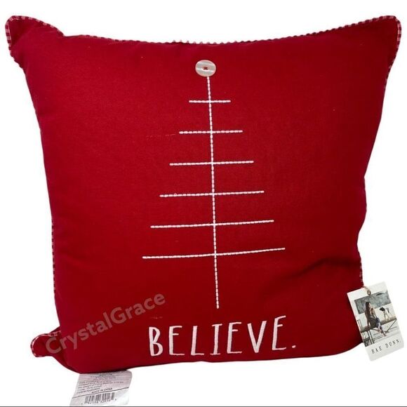 RAE DUNN Holiday Christmas Tree BELIEVE Embroidered Red Throw Pillow Knit Match